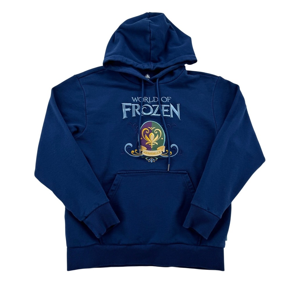 Disney World of Frozen Hoodie Women M Blue Excellent Hong Kong Disneyland Crest